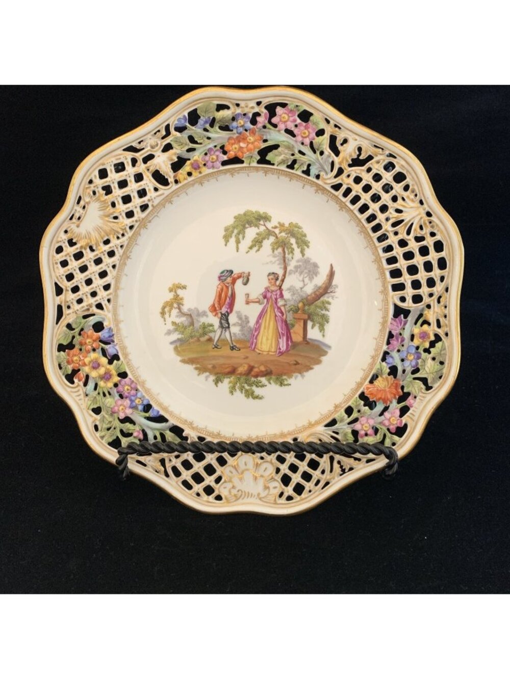 Antique Victorian Helena Wolfsohn Dresden Reticulated Cabinet Plate Watteau 8.5"